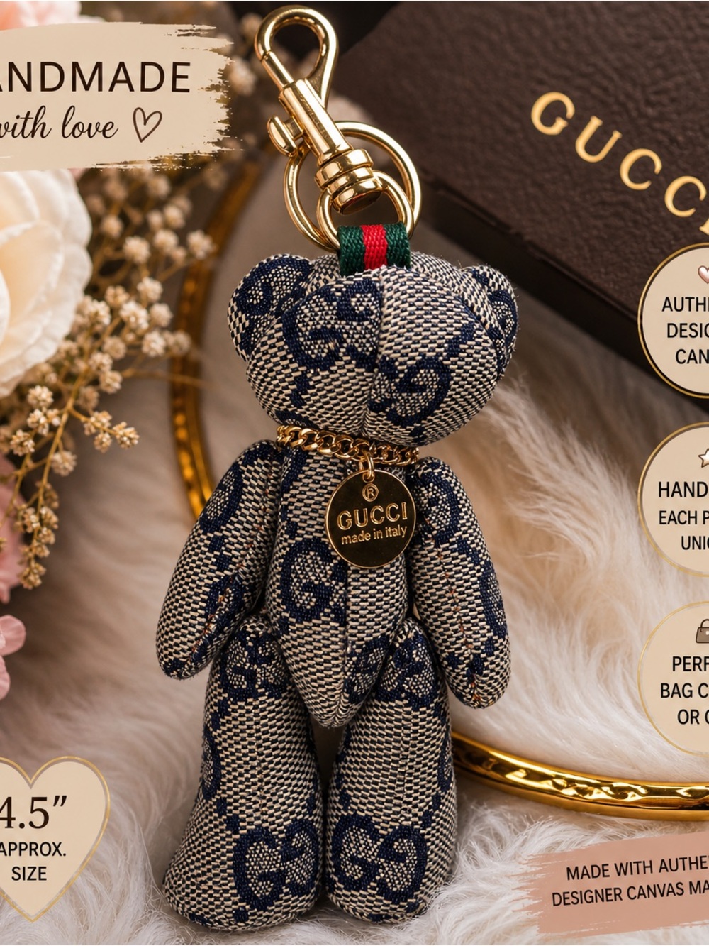 Gucci Navy & Beige Teddy Bear Keychain - Designer Charm - Picture 8 of 8